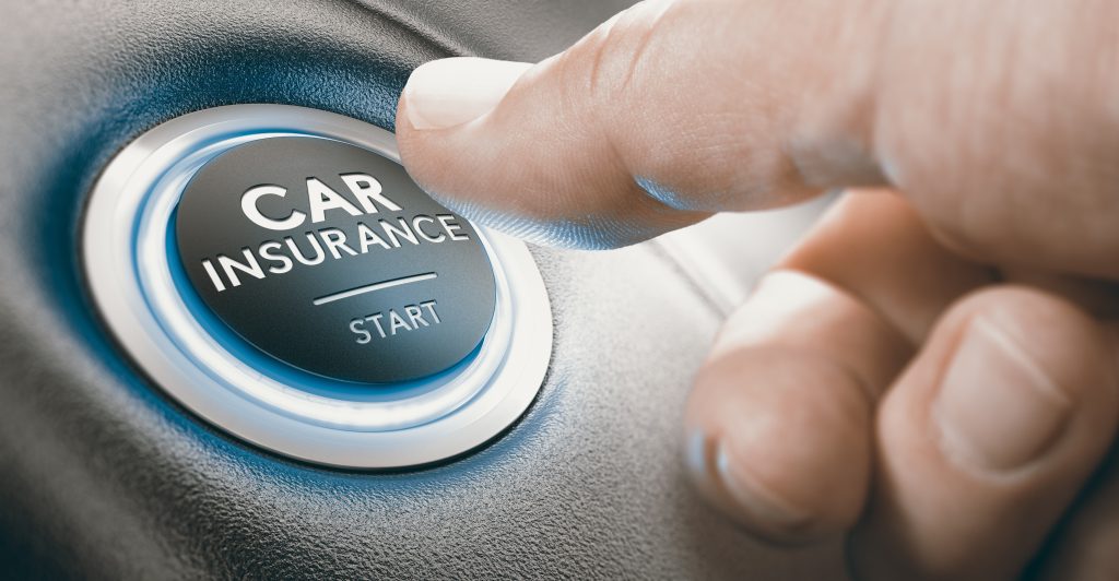 Finger pressing a push button where the text says car insurance start. Concept of insured person. Composite image between a hand photography and a 3D background.