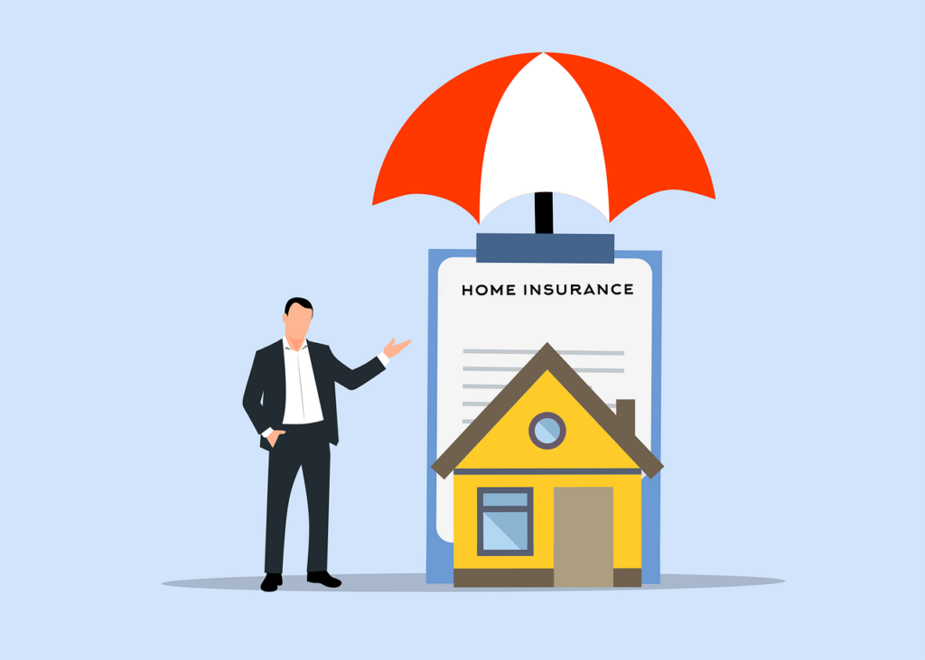 simplified graphic of man next to a house with an insurance policy with a protective umbrella