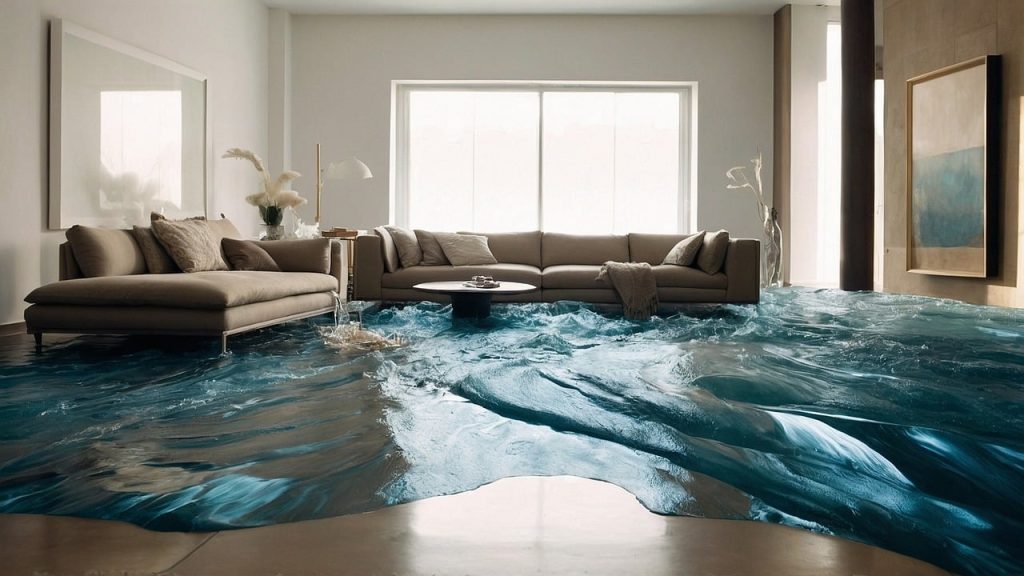living room with rising waters being damaged by a flood